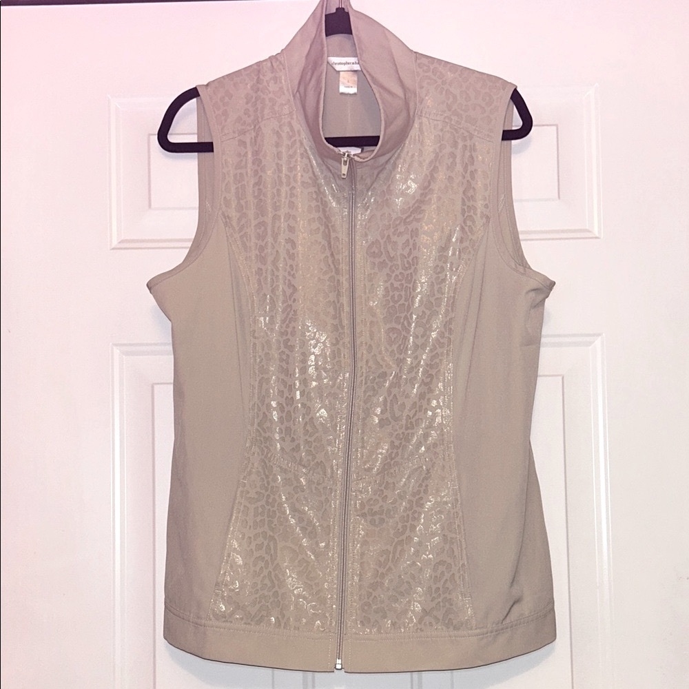 Christopher & Banks Zip-Up Vest NWT L Tan Pockets Monochrome Leopard Sheen Glam